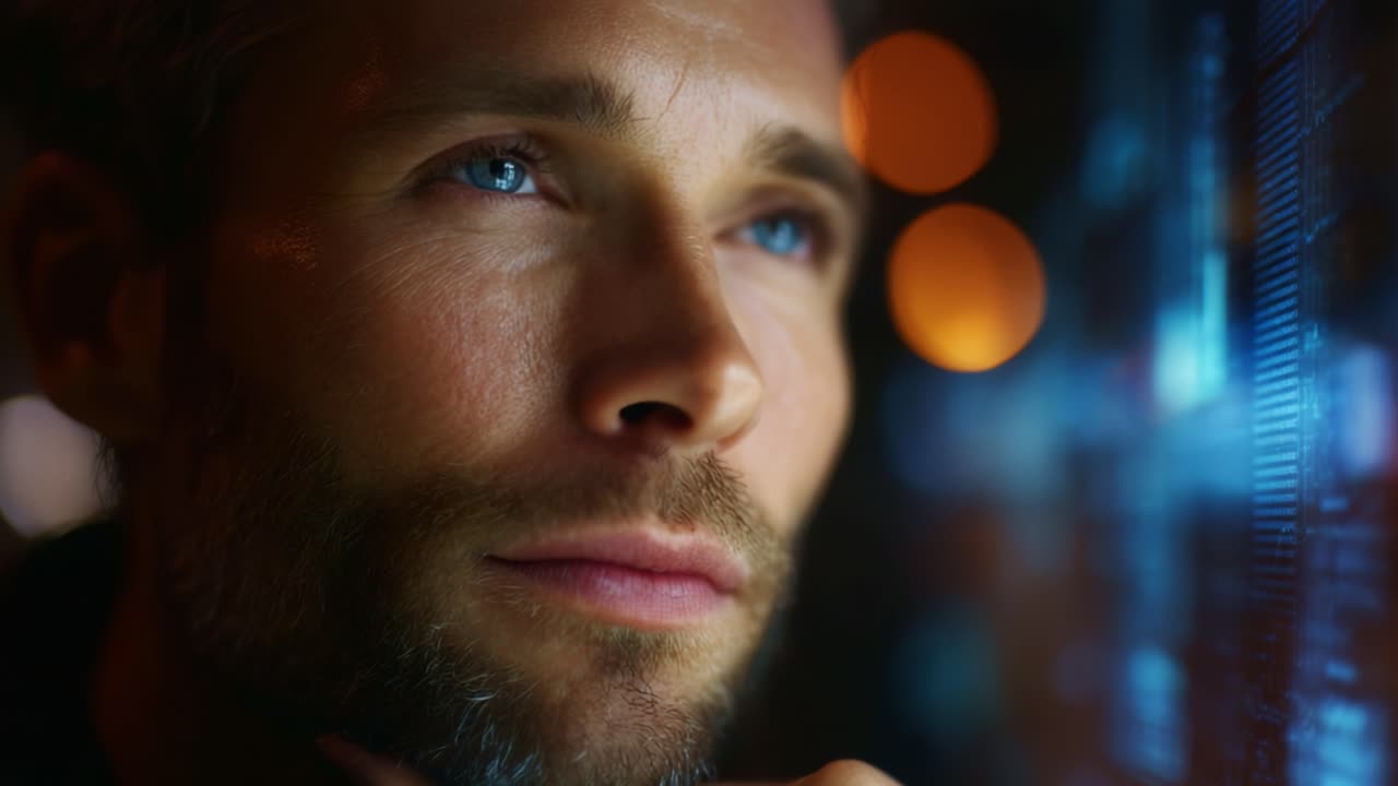 Contemplative Man Analyzing Data Insights in Low Light, Showcasing Deep Focus and Introspection Amidst a Display of Digital Information and Technology Visuals