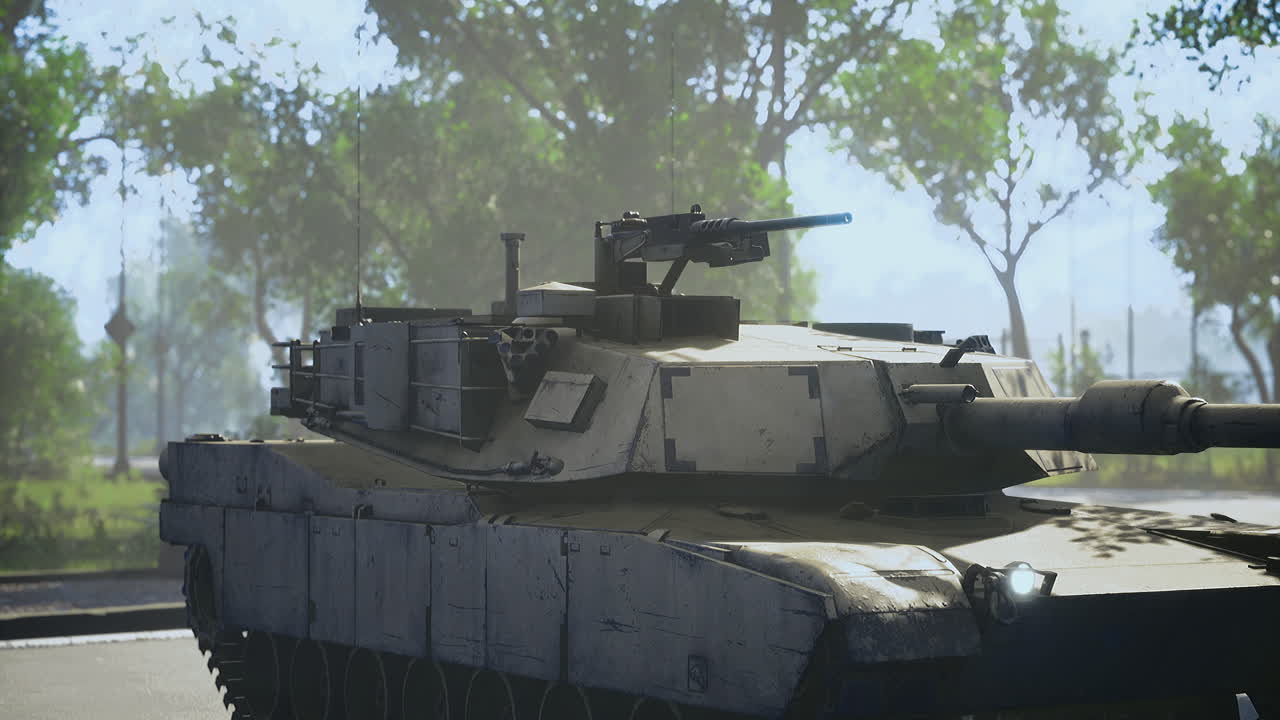 Military tank on city street during bright sunny day with trees nearby