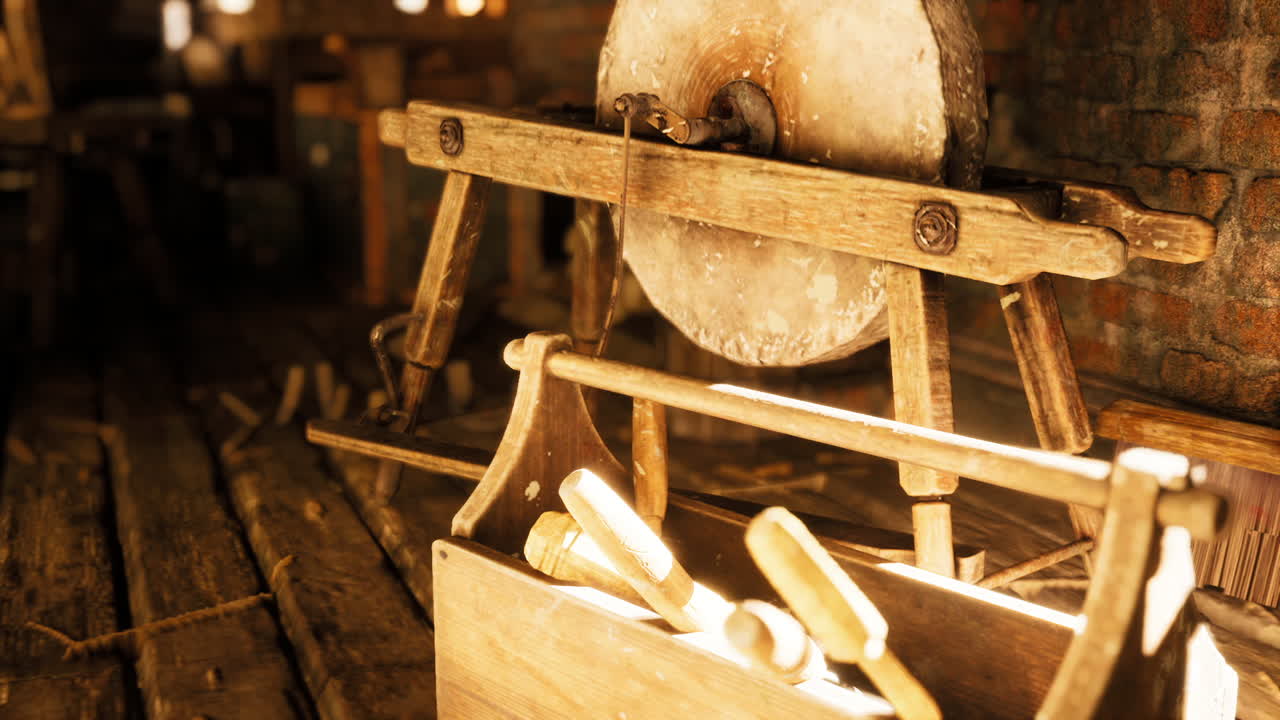 Vintage woodworking tools in a rustic workshop with natural light