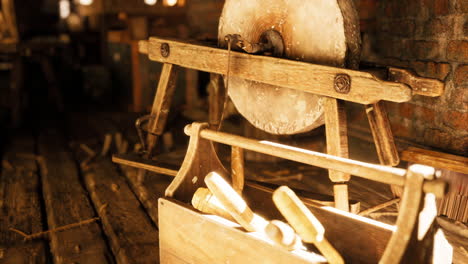vintage woodworking tools in a rustic workshop with natural light