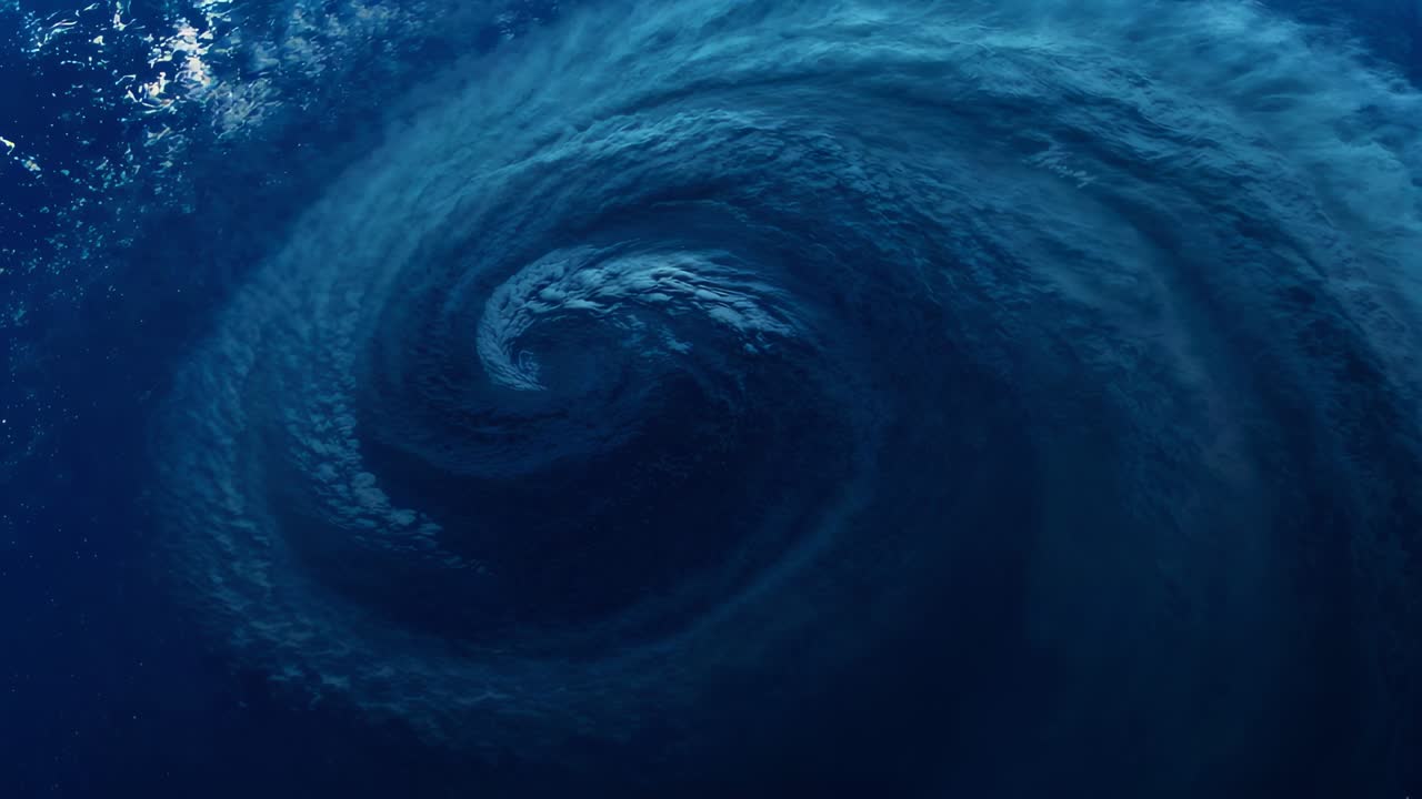 Rotating ocean vortex tightening core following drone camera starting at sea, showing foam bands