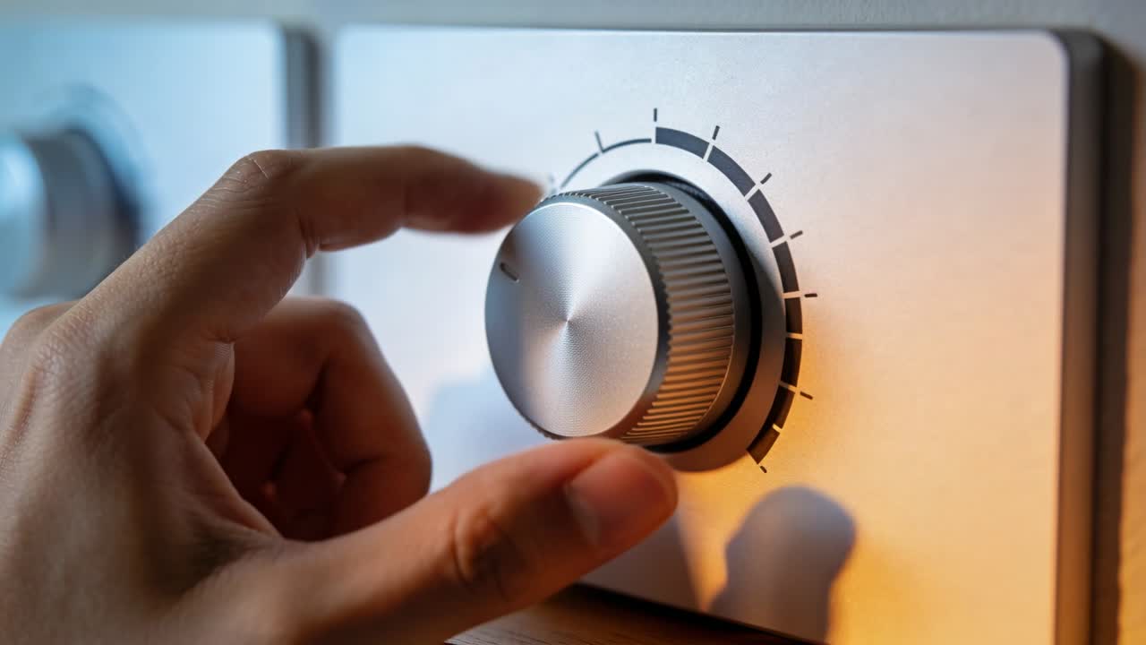 Vertical video: Nearing bare hand gripping and turning metal knob on brushed panel, changing level