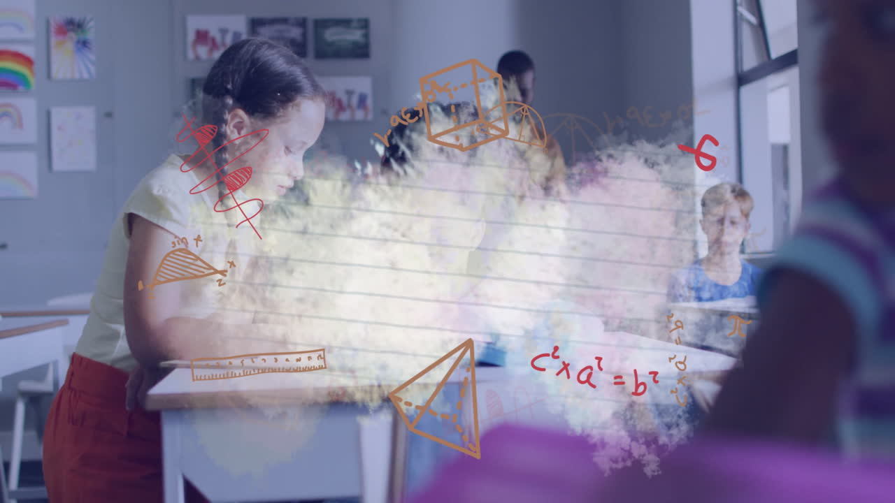 In school, children studying with animated mathematical equations and diagrams overlay