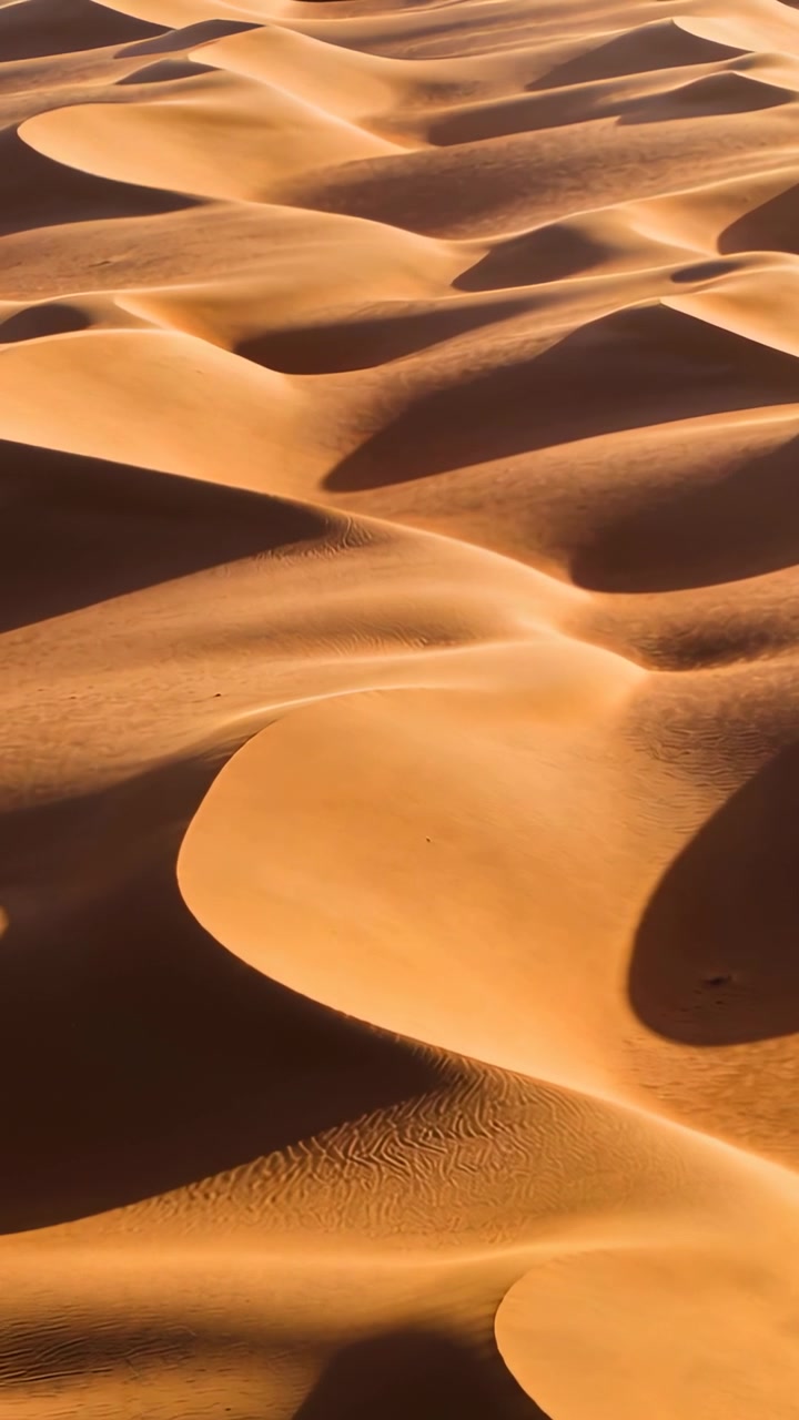 Video verticale: Drone che scende sopra le dune del deserto, rivelando increspature e lunghe ombre.