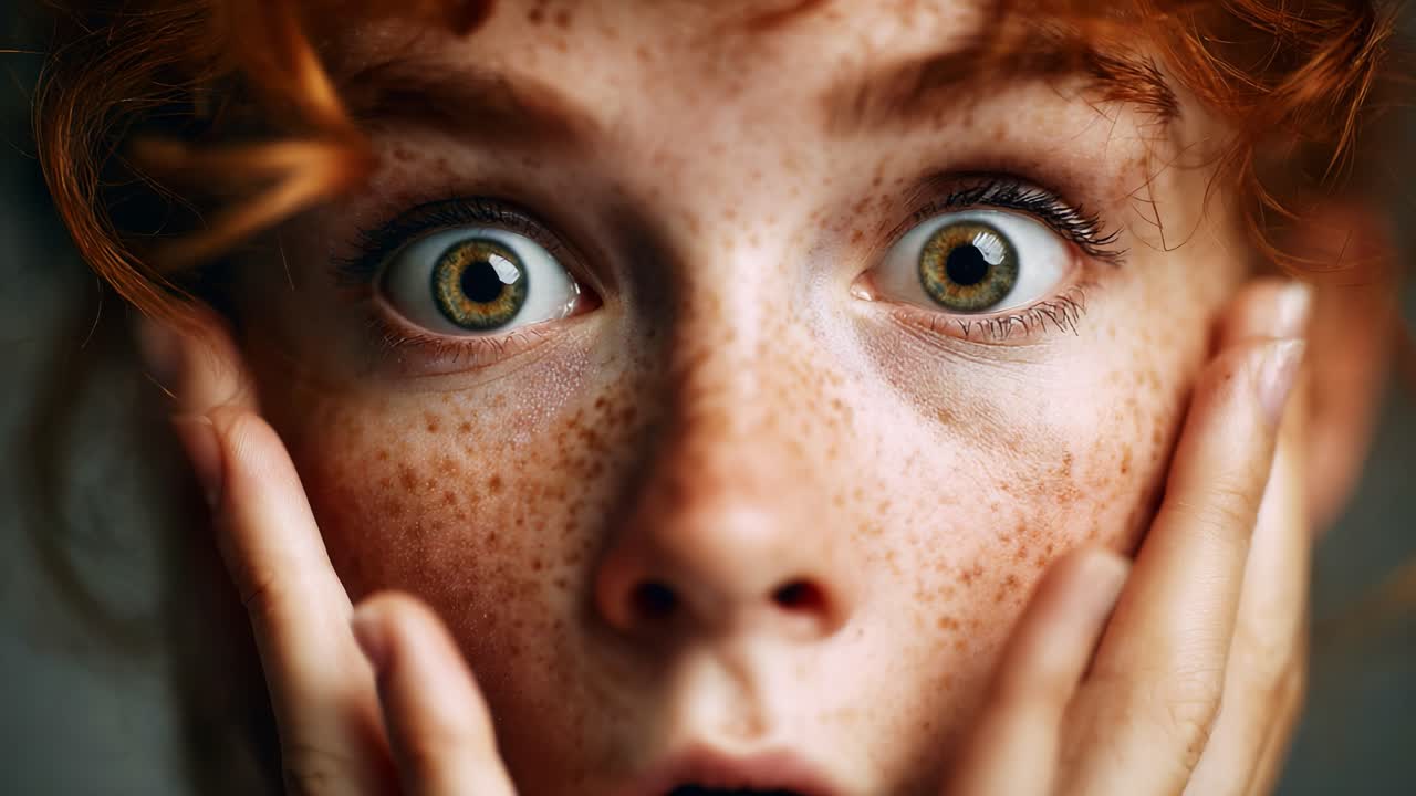 An Astonishing Reaction Captured: A Young Person's Frightened Expression with Widespread Eyes and Hands Covering Their Face, Reflecting Surprise or Shock in Vivid Detail