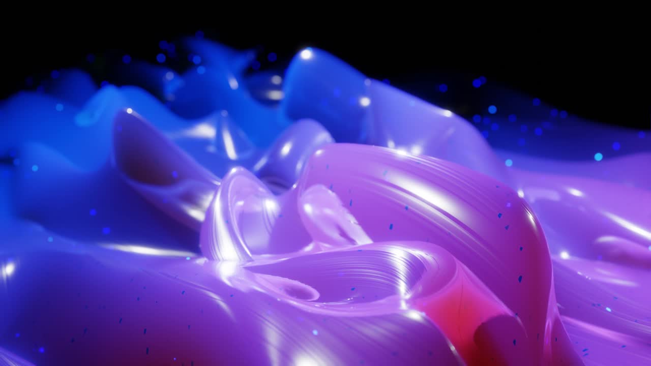 Superficie 3D astratta con bellissime onde, scintille luminose e sfumatura di colore brillante blu viola. Le onde scorrono su una superficie molto lucida e brillante con glitter luminosi. Animazione in loop 4K.