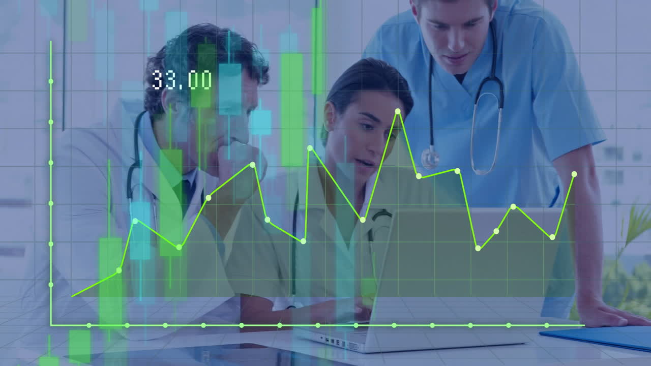 Animation of financial data processing over diverse doctor using laptop