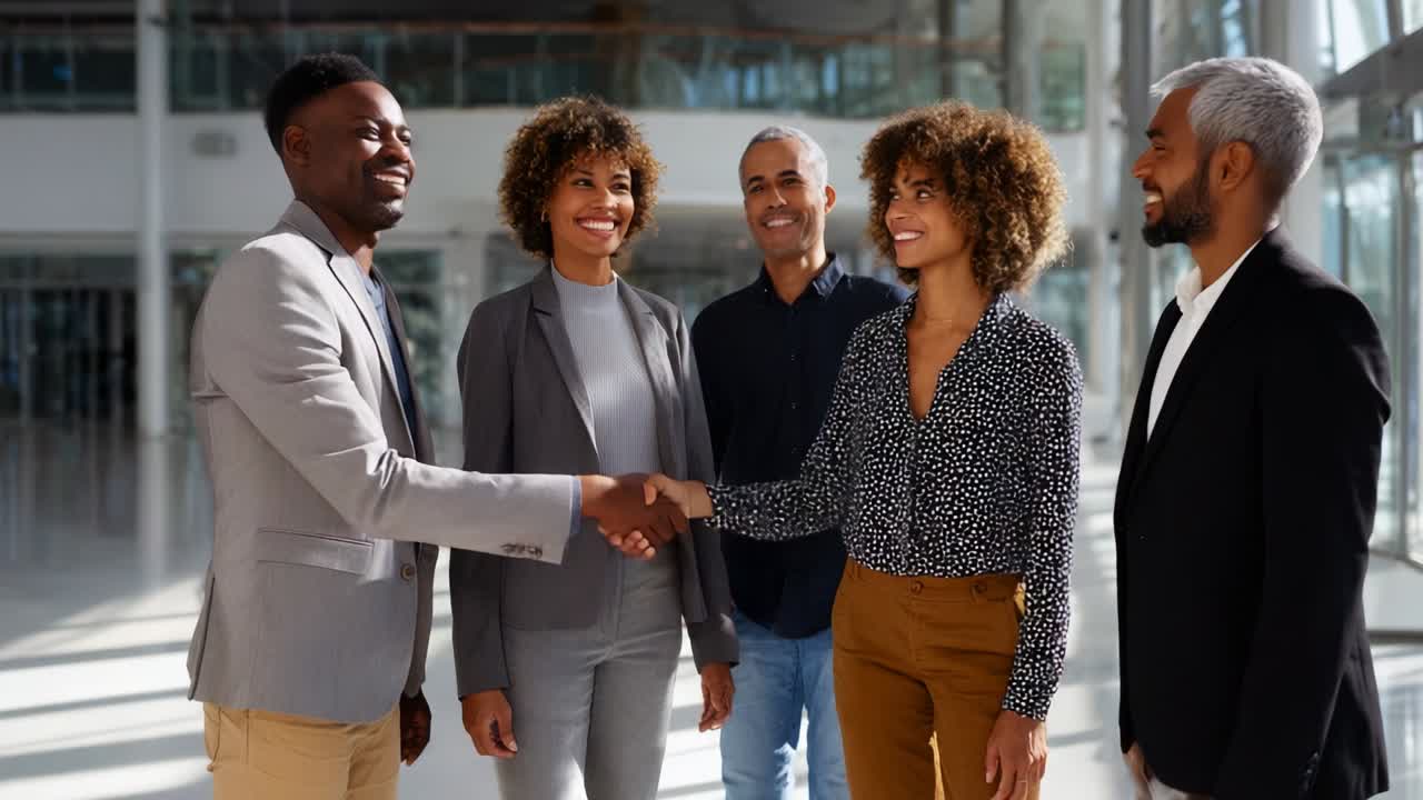 Professional Team Engaging in a Friendly Business Meeting with Smiles and Handshakes in a Modern Office Space, Demonstrating Collaboration and Networking Among Colleagues