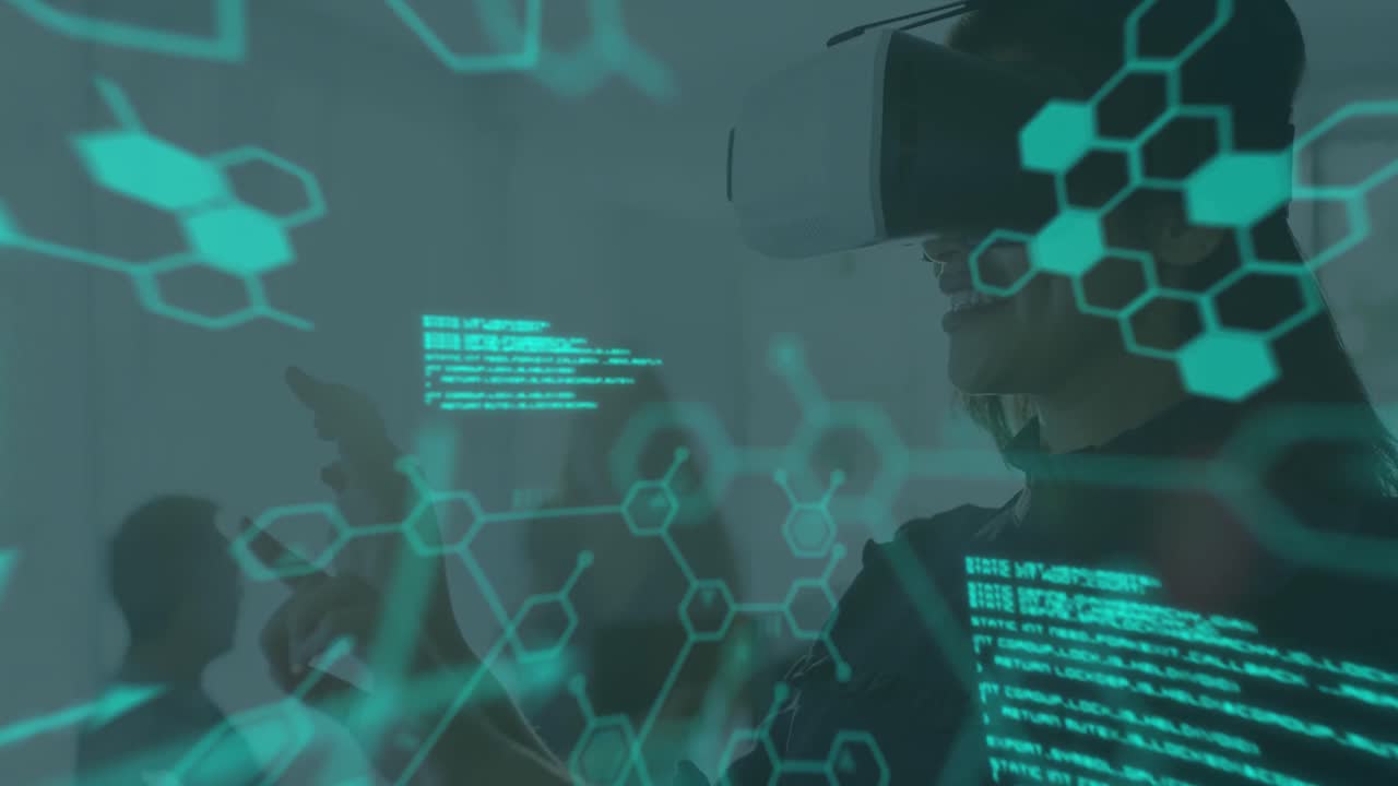 Animation of medical data processing over businesswoman wearing vr headset