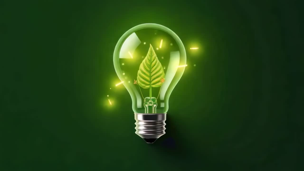 A glowing light bulb with a leaf inside symbolizes eco-friendly energy