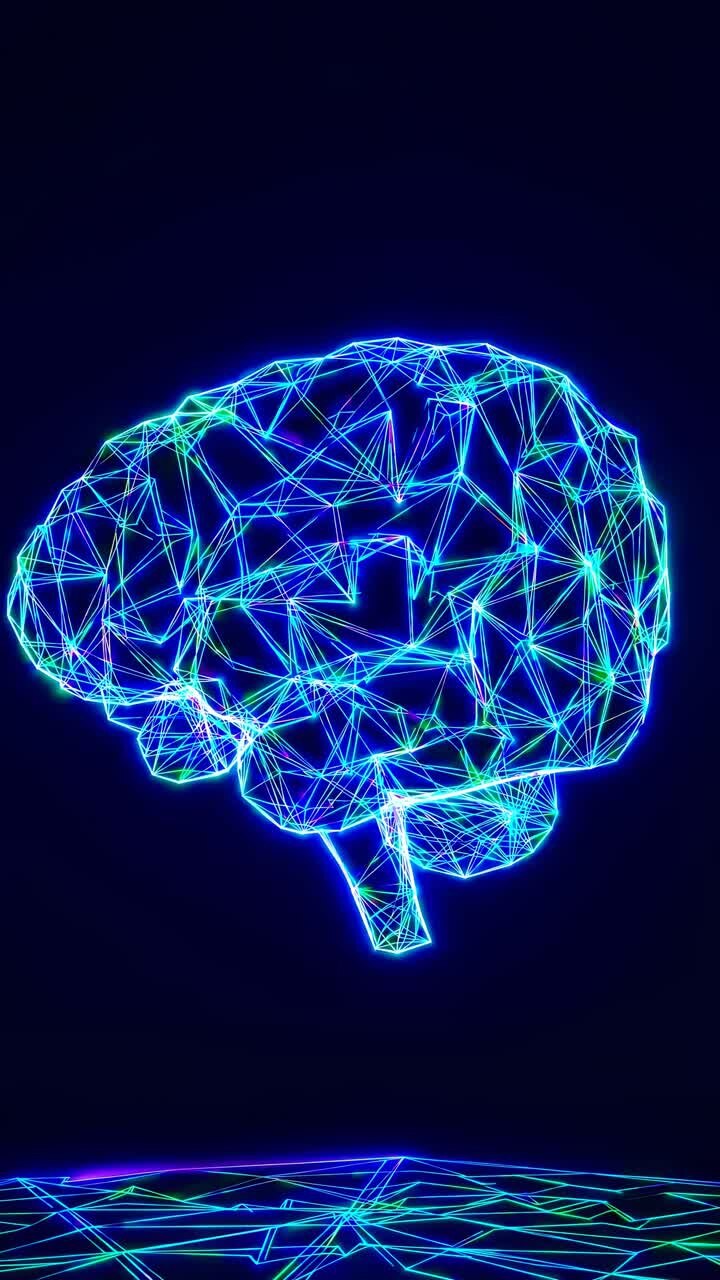 Futuristic digital brain concept with neon lines, viewed from a low angle