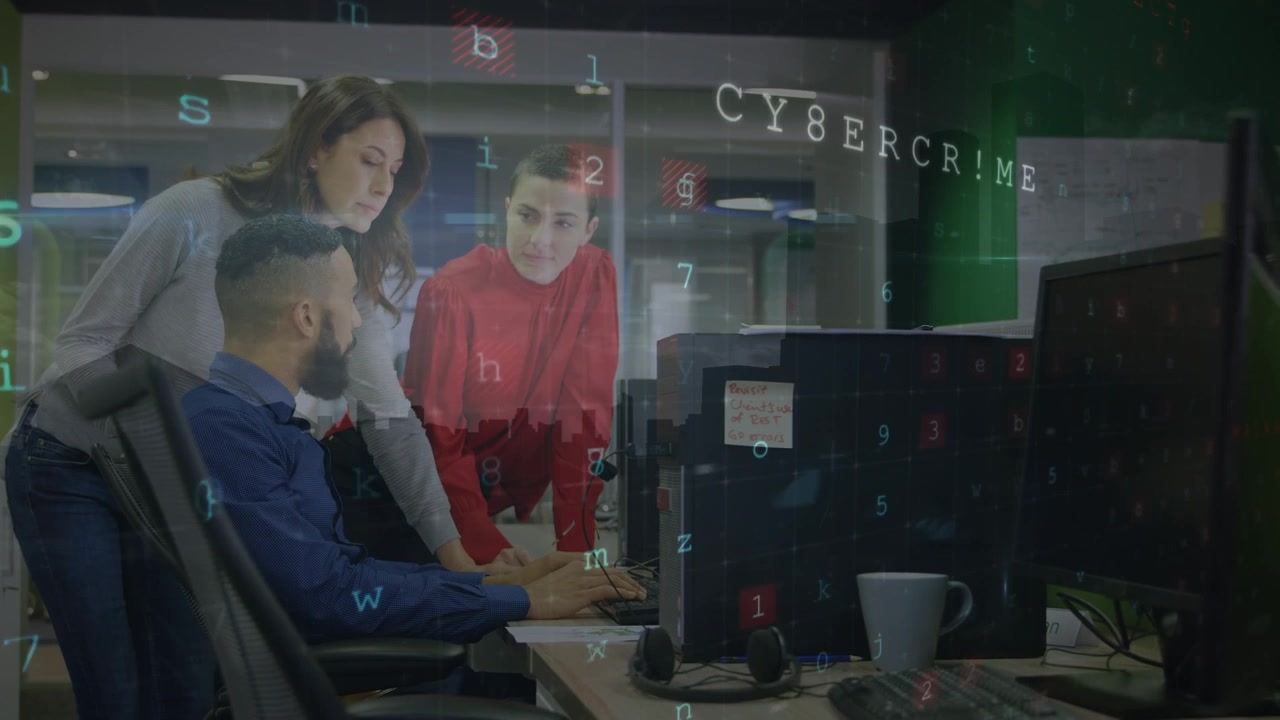 Animation of data processing over diverse business people using computers
