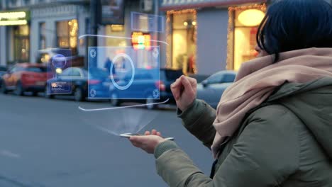 woman interacts hud hologram with mechanical clock