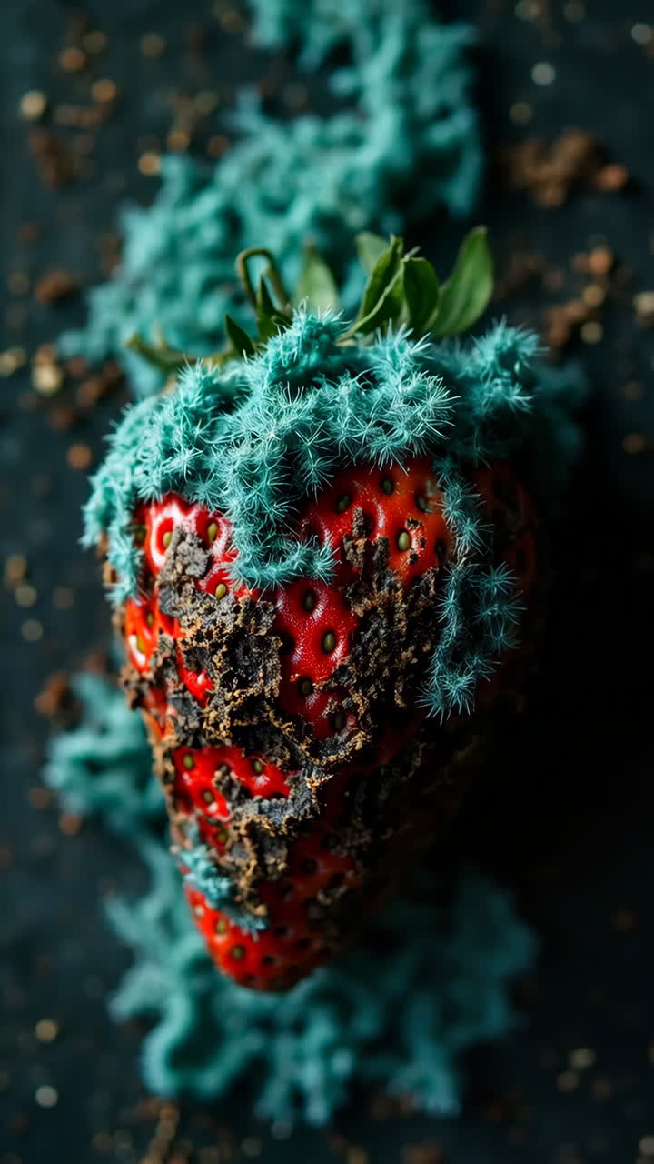 Fragola con una bizzarra crescita di muffa verde acqua