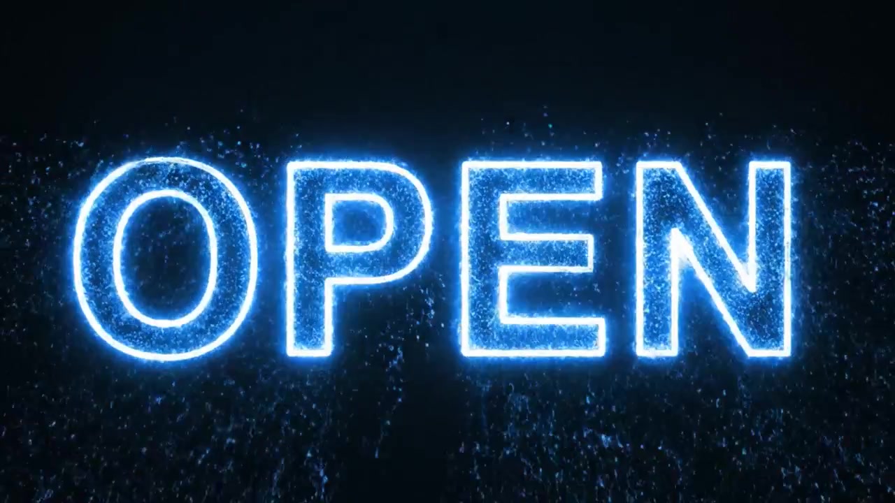 A Vibrant Neon Message Illuminates the Depths of Darkness, Transitioning from Concealment to Invitation with the Word 'OPEN' in Glowing Blue Lights