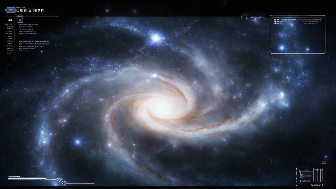 Interfaccia digitale che mostra una galassia a spirale rotante nello spazio profondo