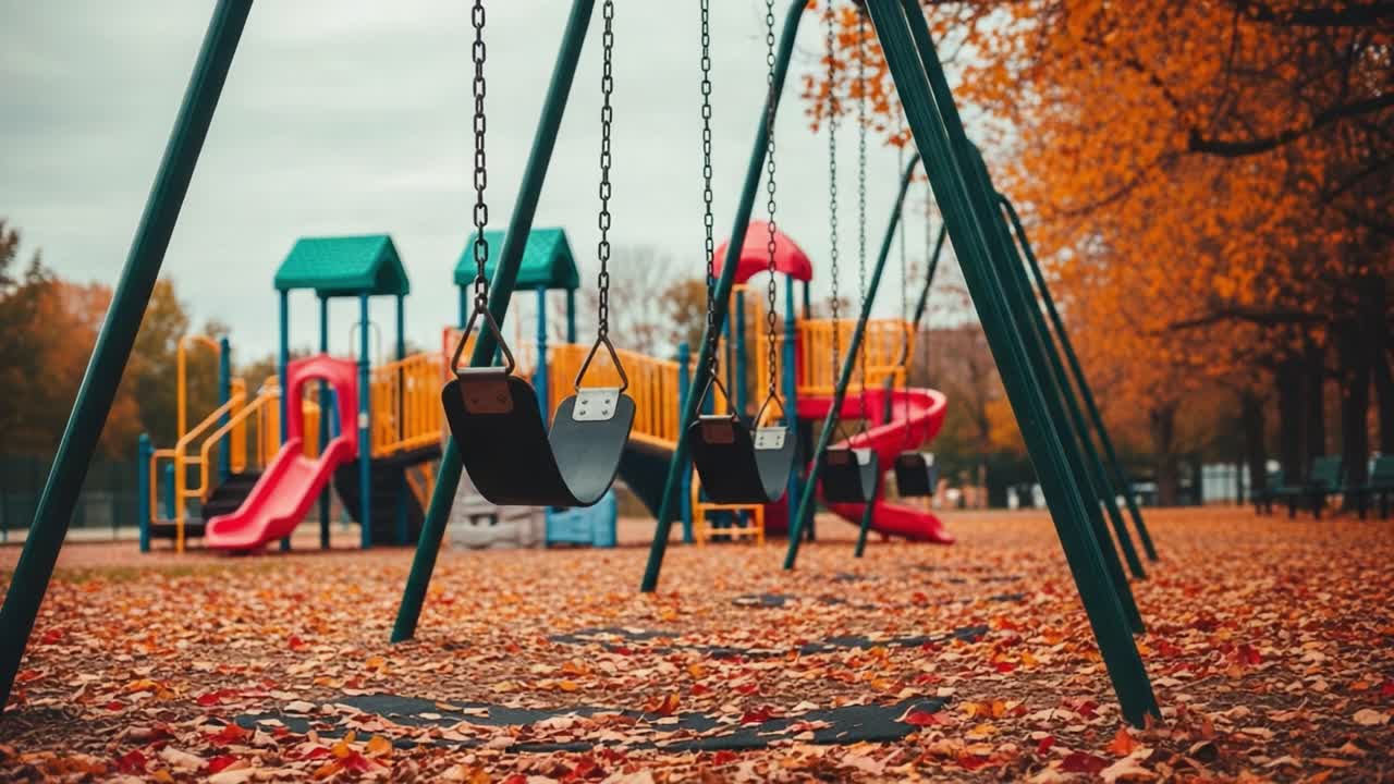 A Serene Autumn Playground Scene Featuring Age-Old Swings Surrounded by Vibrant Leaves and Play Structures for Joyful Children’s Adventures