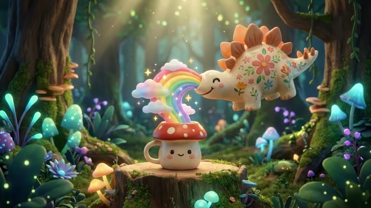 Søt dinosaur og sopp-krus i magisk skog