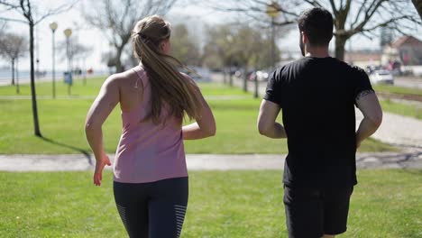 back view of young couple running in parkland.