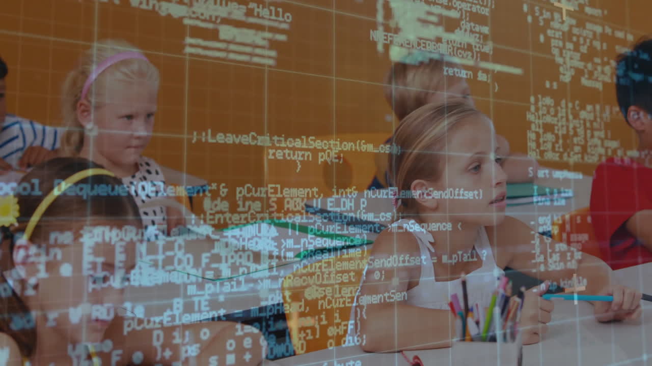 Children writing at desks in classroom, showing animated code overlay with grid lines for education
