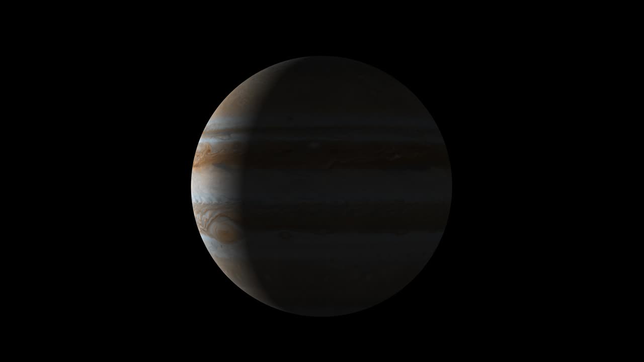 hermoso planeta de júpiter animación. júpiter está girando. el planeta gigante de júpitor de la galaxia de la vía láctea en la pantalla del canal alfa