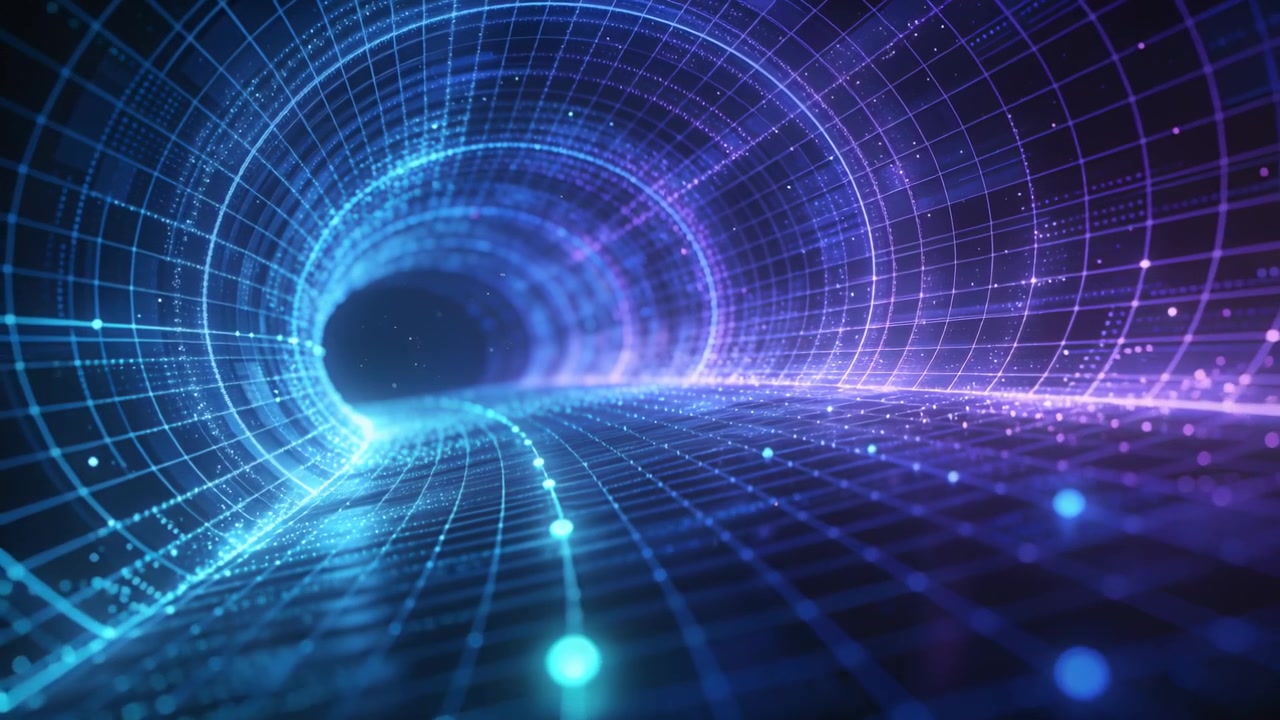 Advancing camera through lit grid tunnel, nodes and dots sliding to vanishing point, showing motion