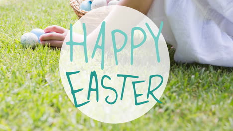 animation of happy easter text over caucasian girl collecting easter eggs