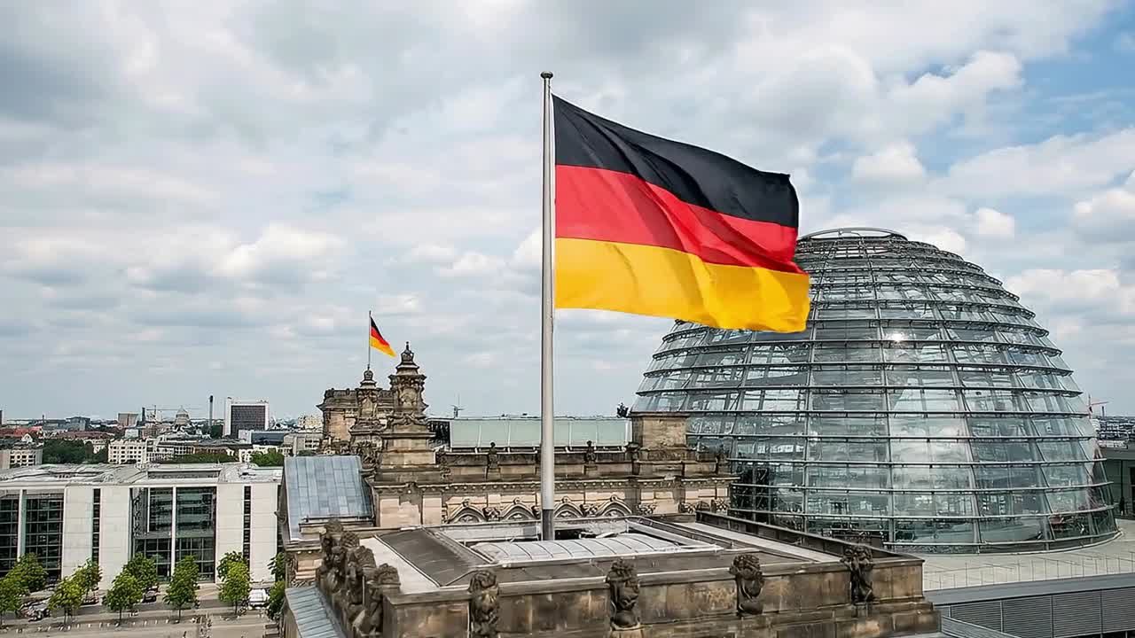 Bandera alemana ondeando sobre un edificio gubernamental con un paisaje urbano y una cúpula arquitectónica visibles al fondo