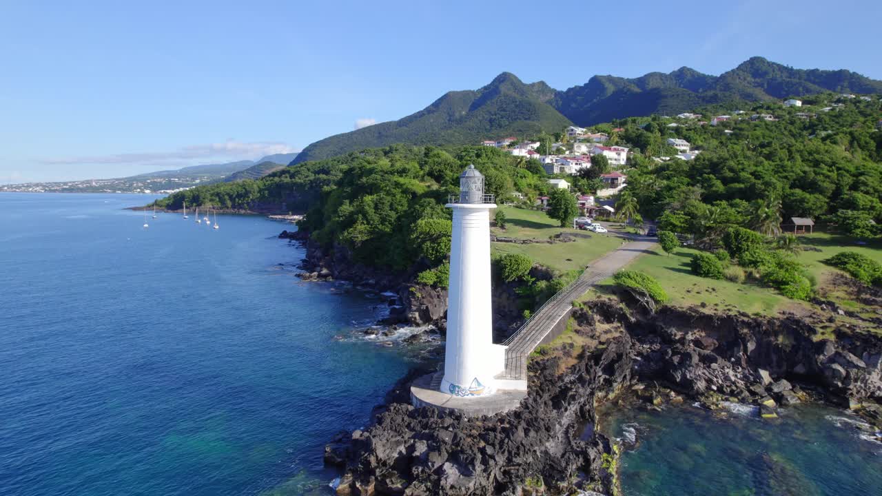 Lighthouse at Vieux-Fort, Guadeloupe. Aerial orbiting