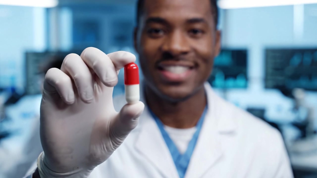 Un ricercatore sicuro di sé mostra una capsula colorata in un laboratorio moderno, sotto luci intense con tecnologia avanzata sullo sfondo, enfatizzando l'innovazione farmaceutica e la scoperta scientifica.