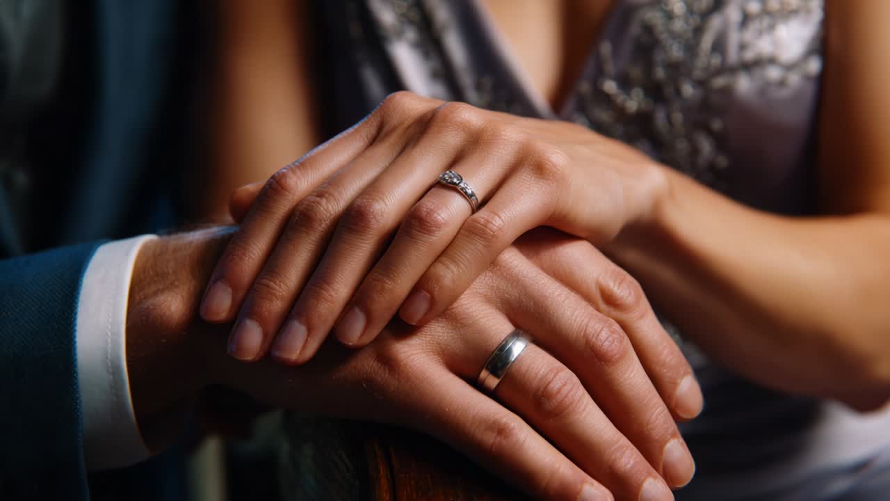 An Intimate Moment of Love and Commitment: Two Hands with Wedding Rings Symbolizing Bonding, Affection, and Unity, Capturing the Essence of a Deep Relationship and Celebrating Togetherness in a Beautiful Setting