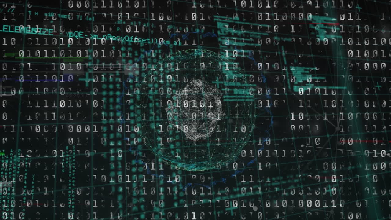 animación de procesamiento de datos de codificación binaria sobre el globo de la red de conexiones en fondo negro