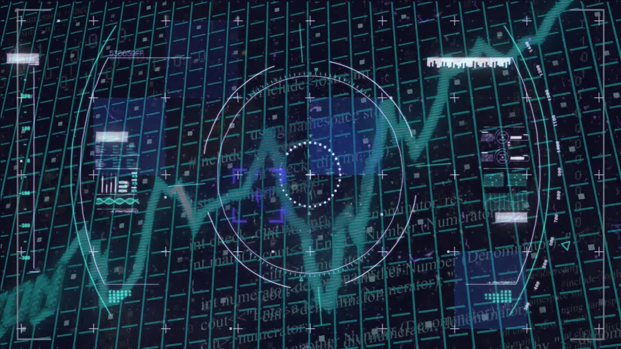 Animation of blue slumpflation text, graph and grid with scanner processing data on black background
