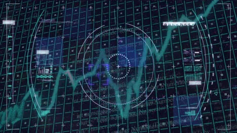 animación de texto, gráfico y cuadrícula de slumpflation azul con datos de procesamiento del escáner sobre fondo negro.