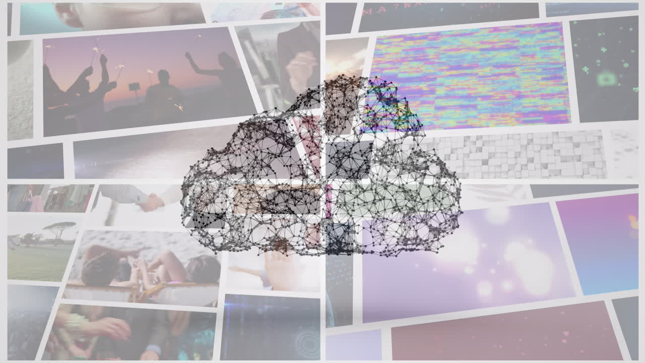 animación de la red en la nube sobre varios clips que se reproducen en pantallas compuestas