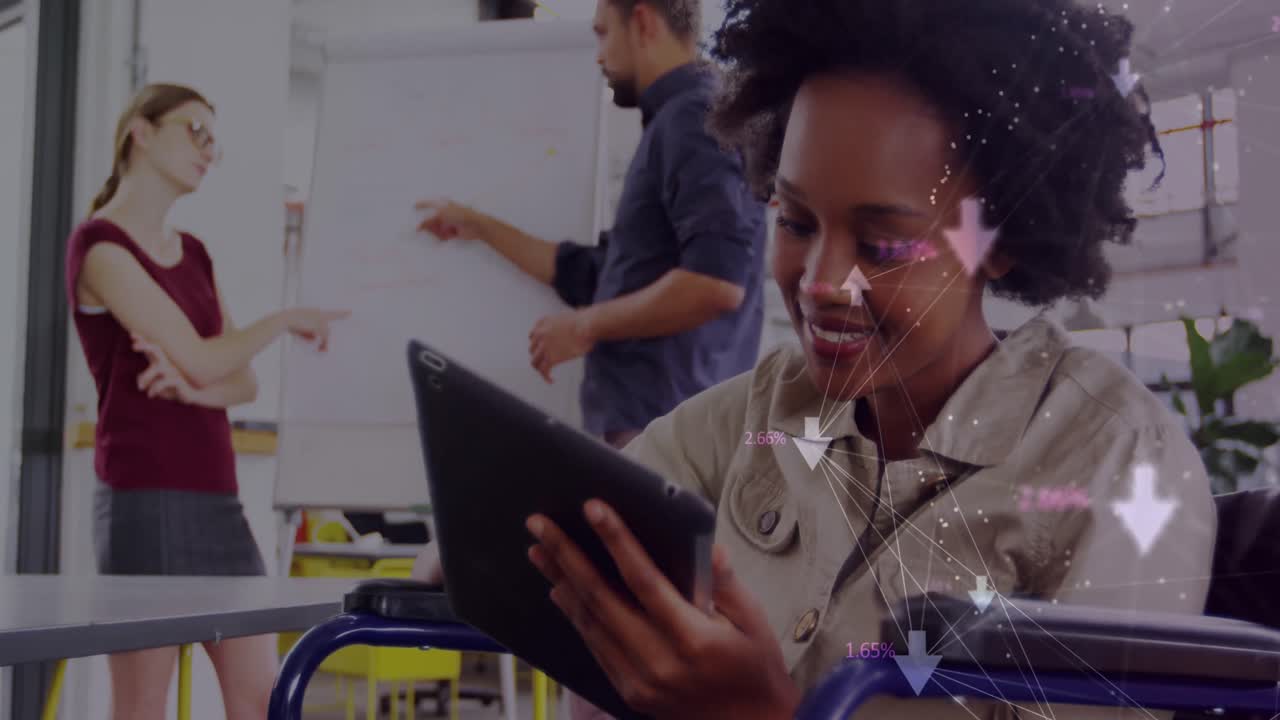 Animation of network with connections and data processing over diverse business people