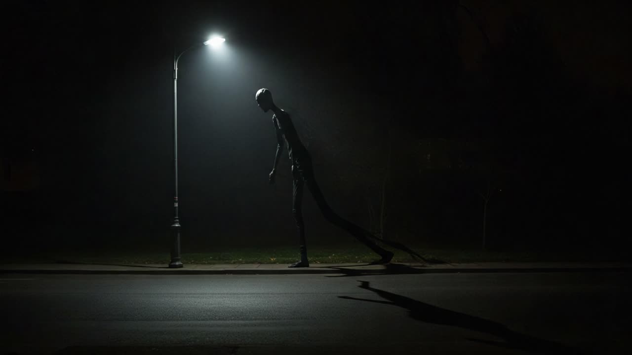 Mysterious Figure Under Streetlight: Eerie Shadows and Elongated Silhouette in a Dimly Lit Urban Environment at Night
