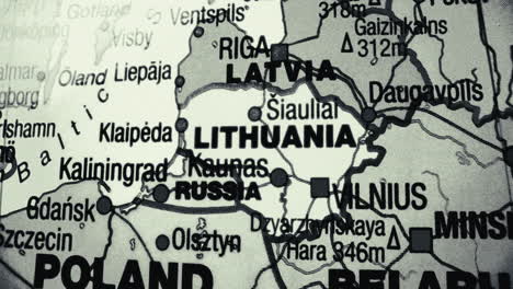 close-up of a map showing lithuania and neighboring countries