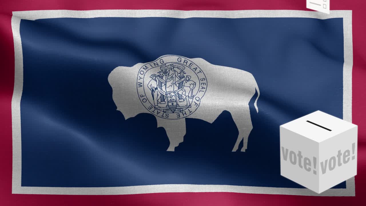 estado de wyoming - las papeletas vuelan a la caja para la selección de wyoming - caja de votación delante de la bandera - elección - voto - bandera nacional patrón de onda del estado de wyoming elementos loopable - textura de tela y bucle sin fin - bandera loopable del estado de wyoming - banderas estatales de américa