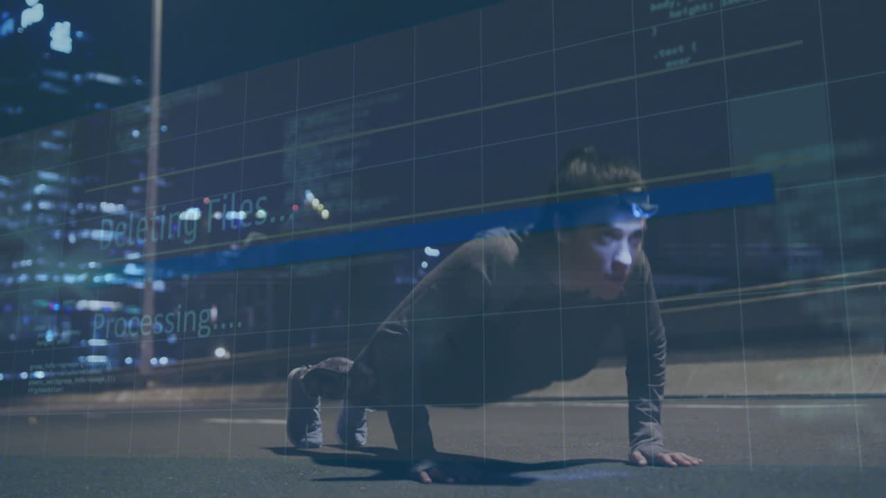 Person doing push-ups on street with digital data processing animation overlay