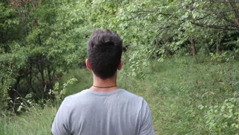 young man walking in the forest, summer time