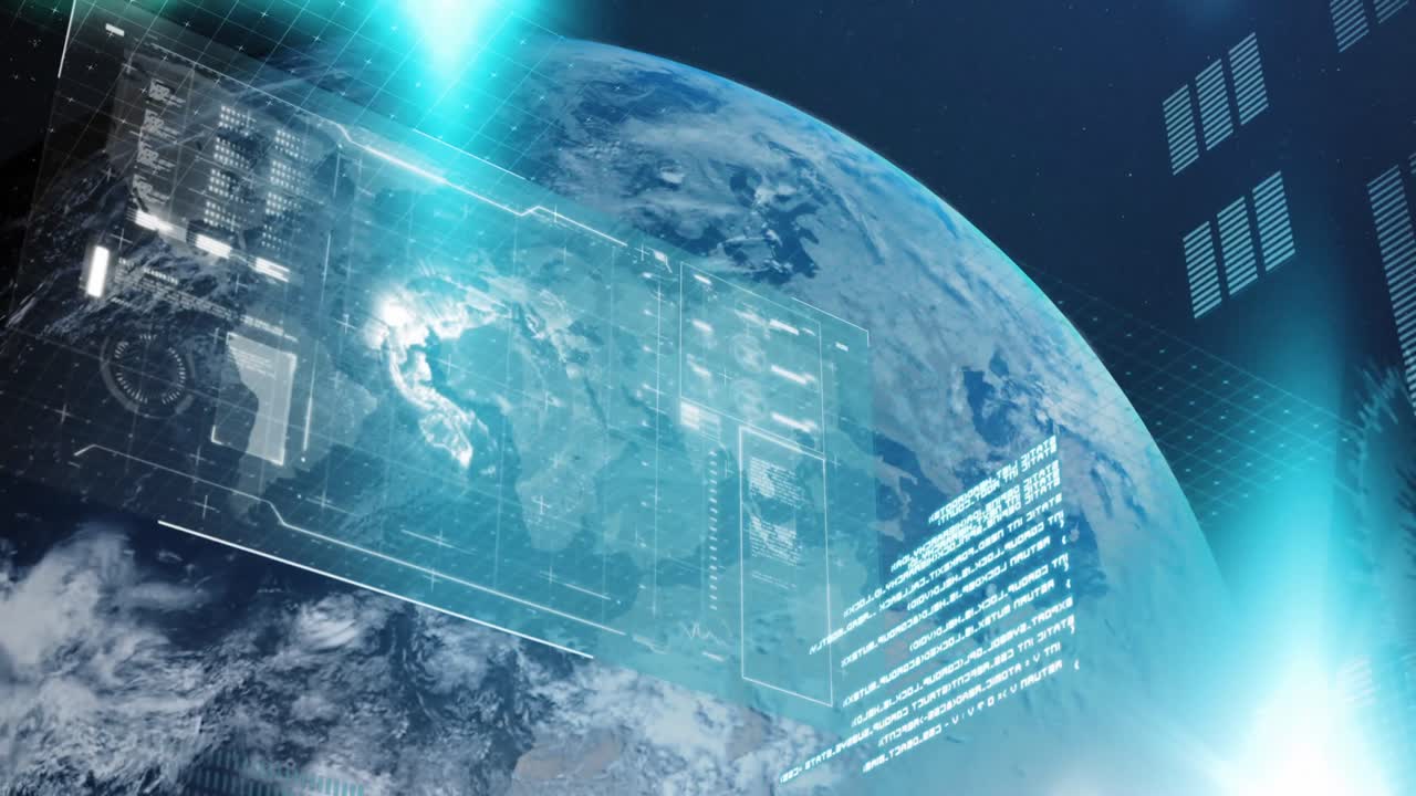 Animation of data processing with globe over globe in space