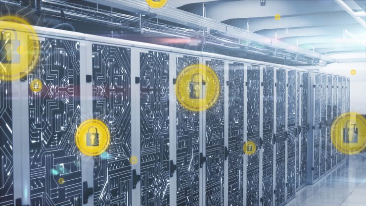 Animation of icons with online security padlocks over computer servers