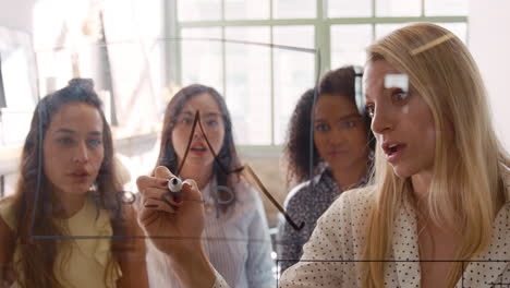 Four-female-creatives-brainstorming-ideas-onto-a-glass-wall