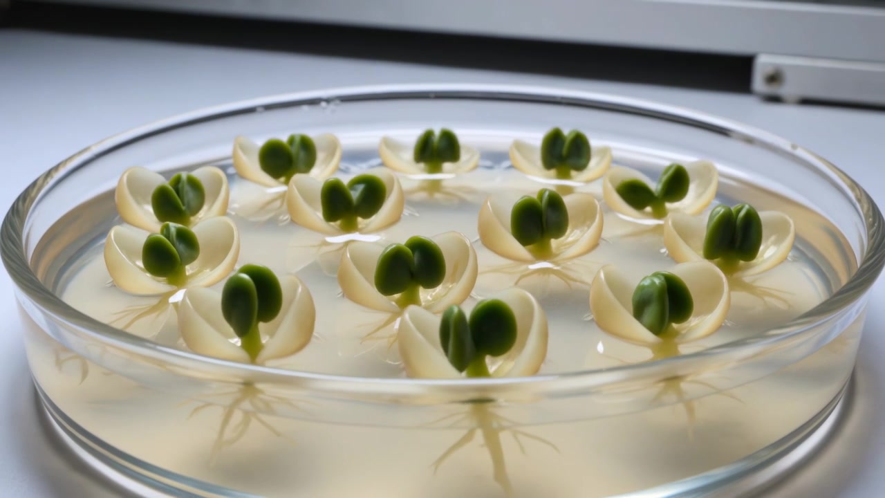 Recording seeds germinating, cracking and sprouting cotyledons in petri on sill with gel and roots