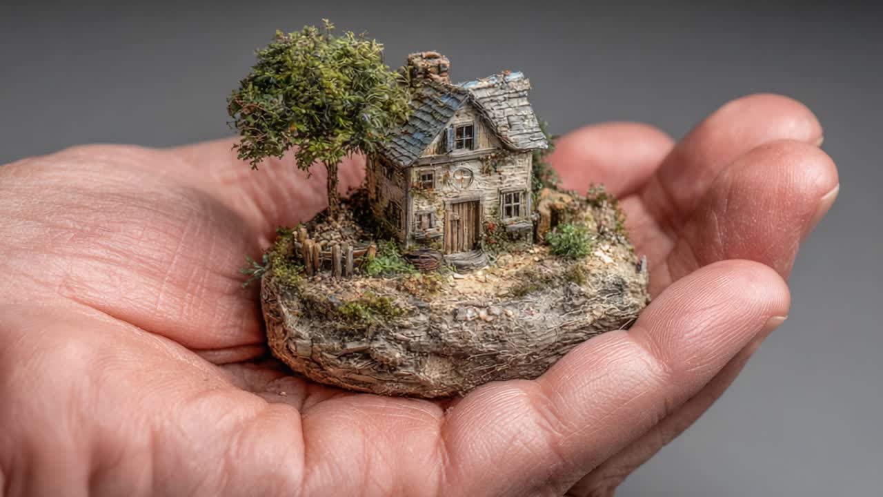 Une maison miniature délicate parfaitement nichée dans une main, présentant des détails exquis de la nature et de l’architecture dans une scène charmante