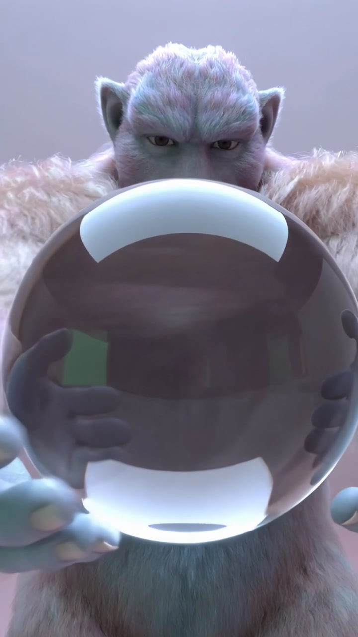 Vertical video: Seeing reflections shifting, large yeti raising, rotating, cradling orb in studio