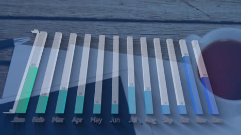 animación del procesamiento de datos estadísticos en primer plano de una tableta digital y una taza de café