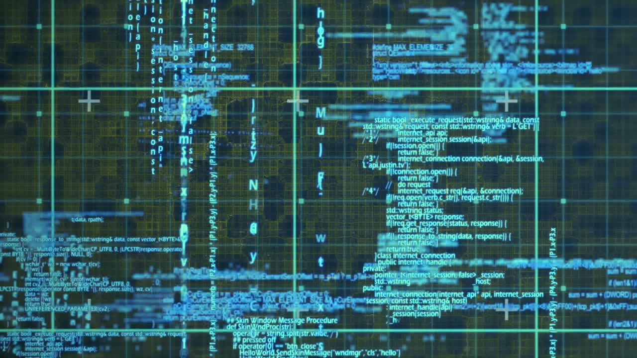 Digital code and data processing animation over complex grid background