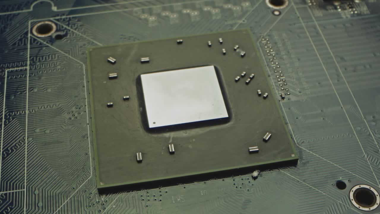 CPU microchip rotating on an electronic circuit board. Seamless loop.